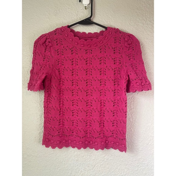 Anthropologie Tops - Anthropologie Women's Pink Crochet‎ Knit Short Sleeve Top Blouse